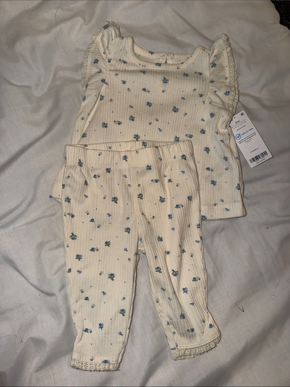 Carter's Cream Ribbed Set with Blue Floral Print